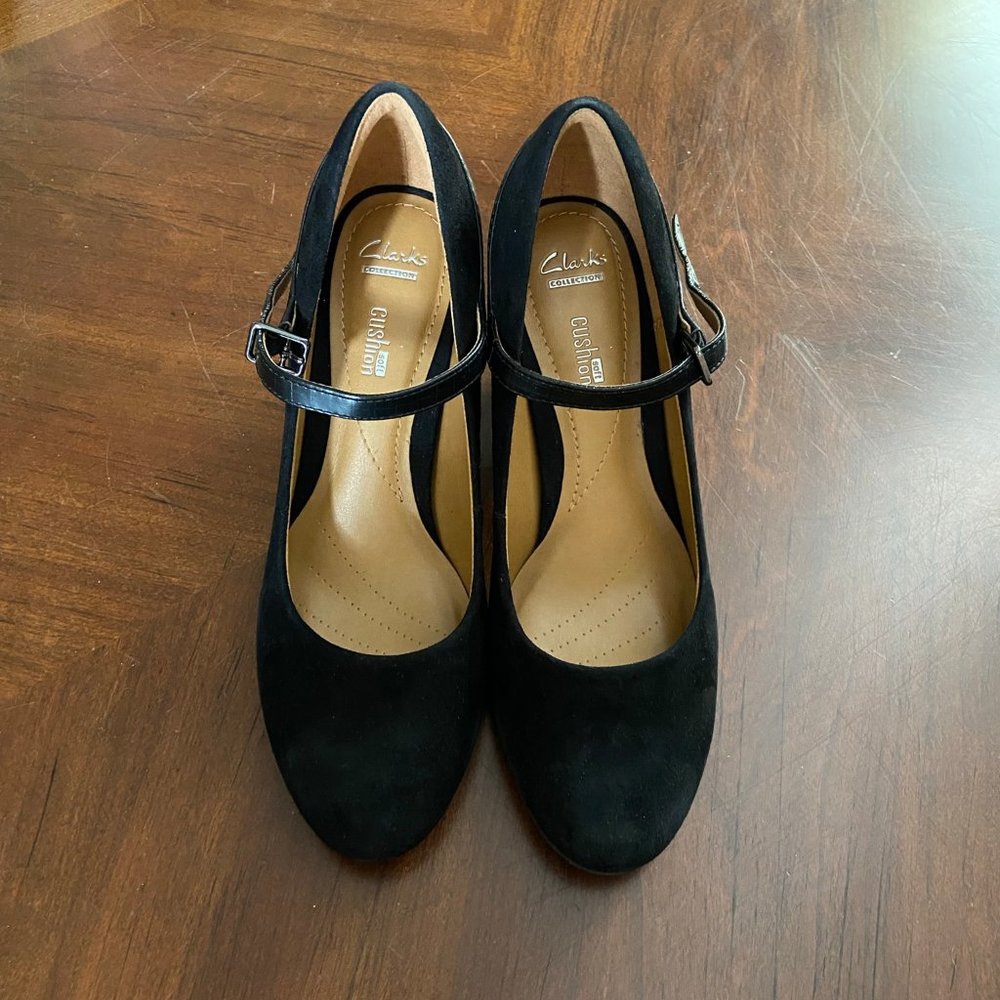 Clarks black suede with stacked heal, Black, size 8M (runs small)